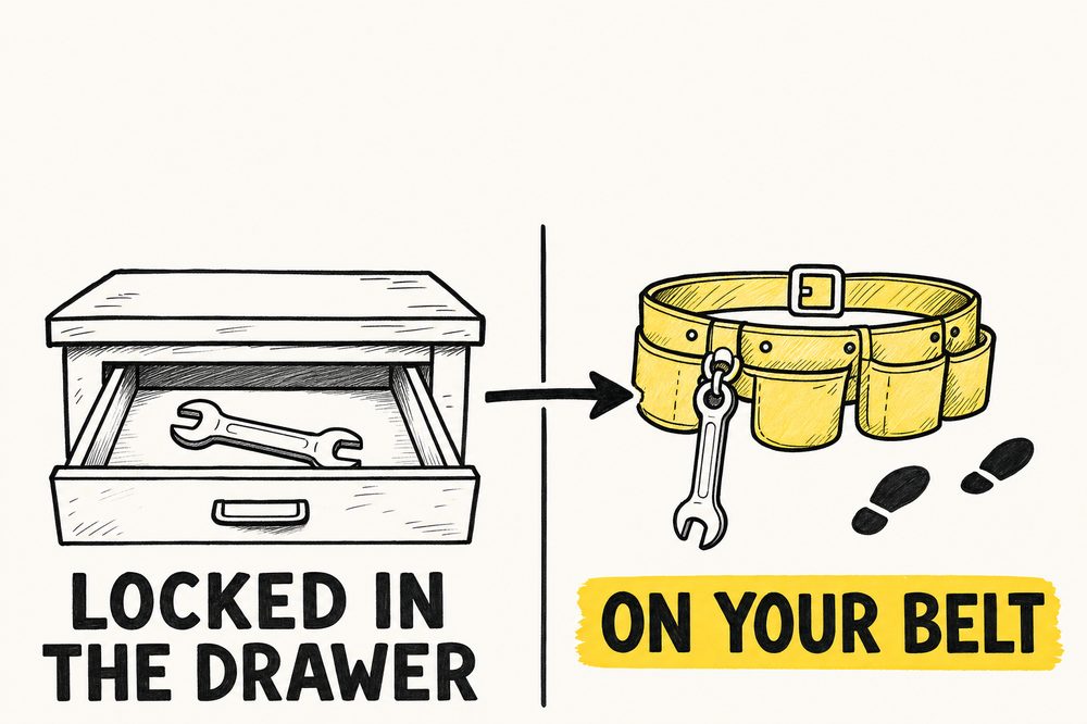 Wrench in drawer versus on tool belt